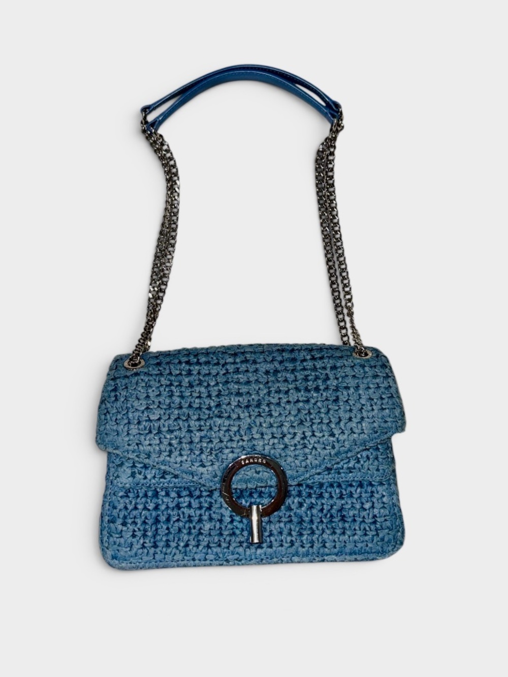 Sandro Raffia YZA Blue Woven Shoulder Bag with Chain Strap - Picture 3 of 8